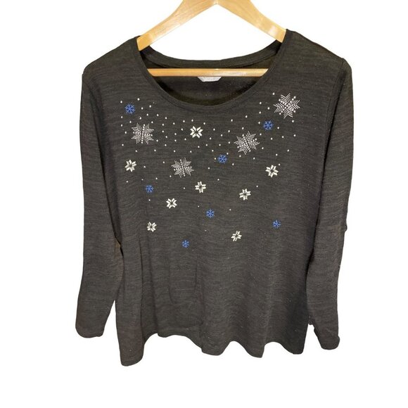CJ Banks Black Round Neck 3/4 Sleeve Snowflake Sweater - Picture 1 of 10